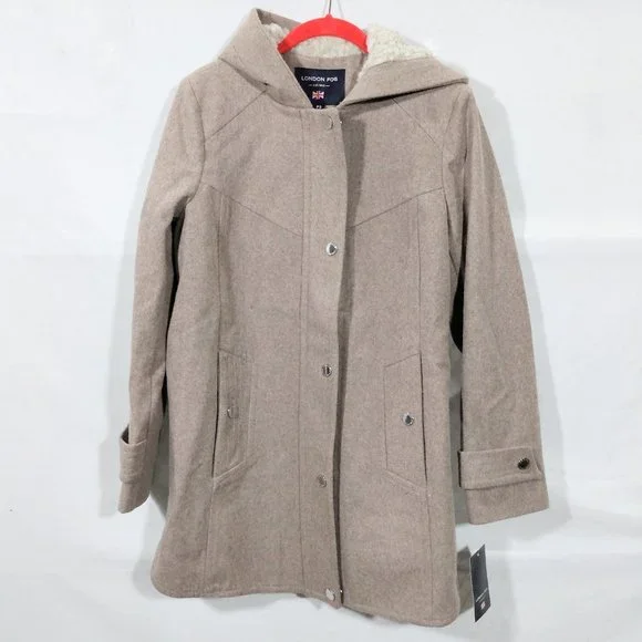 London Fog Sherpa Hood Wool-Blend Coat-Petite Small-Taupe Heather-New with Tags - Picture 3 of 7